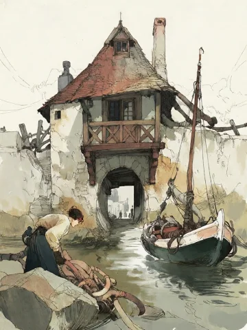Bradhamel Art Style. A Detailed Sketch Of A Historic Riversi... — Stable Diffusion AI Prompt: Bradhamel art style. A detailed sketch of a historic riverside scene featuring a...