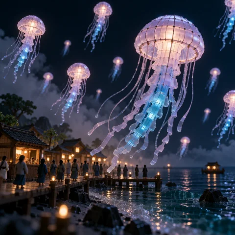 A Dreamlike Jellyfish Lantern Festival Floats Serenely Above... — Stable Diffusion AI Prompt: A dreamlike jellyfish lantern festival floats serenely above a tranquil coastal...