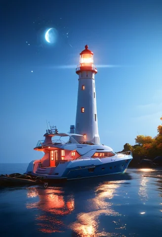 Whiteember, Boat Made Of Glossy White And Blue Glow, Lightho... — SDXL AI Prompt: WhiteEmber, boat made of glossy white and Blue glow, (lighthouse made of glossy...