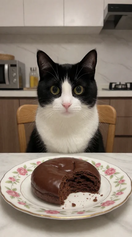 Realistic Image A Black-and-white Cat Sits At A Table In A M...