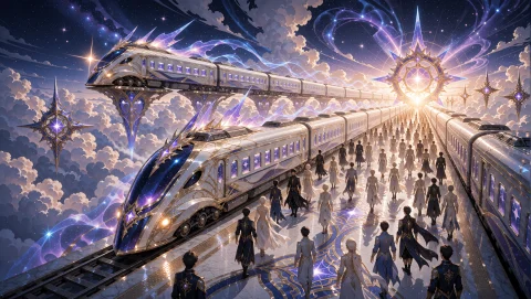 In A Realm Of Ethereal Fantasy, An Otherworldly Train Statio... — Stable Diffusion AI Prompt: In a realm of ethereal fantasy, an otherworldly train station materializes, susp...