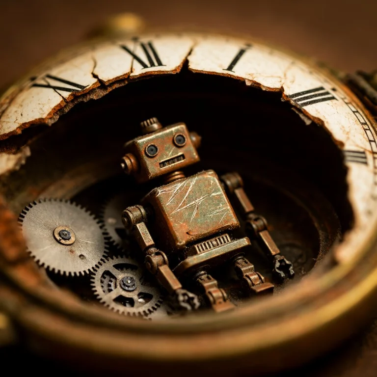 A Tiny Rusted Robot The Size Of A Thumbnail, Slumped Inside...