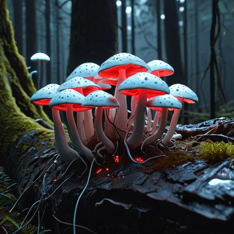 Whiteember, A Close-up Cluster Of Wild Forest Mushrooms Grow... — SDXL AI Prompt: WhiteEmber, a close-up cluster of wild forest mushrooms growing on damp bark, so...