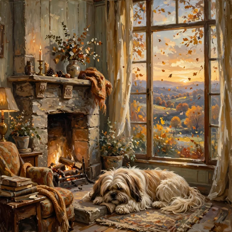 An Elegant Oil Painting. A Cozy Living Room With A Welcoming...