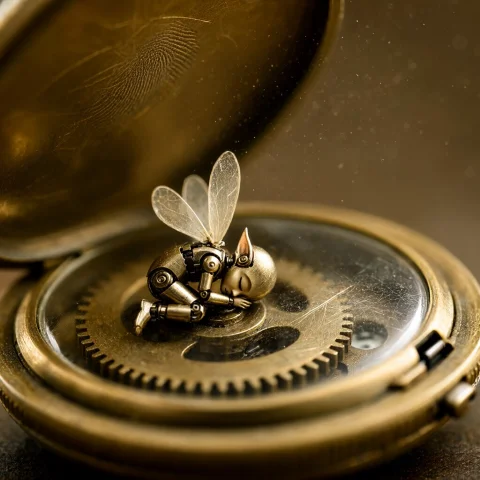 A Tiny, Mechanical Pocket Pixie With Fragile Translucent Win... — Stable Diffusion AI Prompt: A tiny, mechanical pocket pixie with fragile translucent wings, curled up asleep...