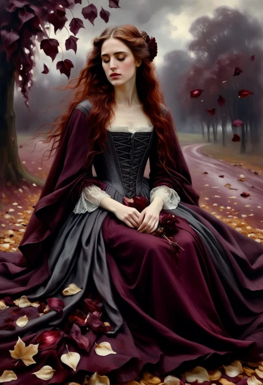 A Melancholic Beautiful Woman In A Flowing Dark Burgundy Vic...