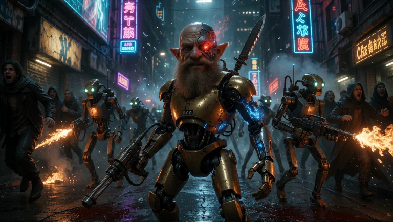 A Bearded Gnome With Cyborgparts Stands Defiantly In The Cen...