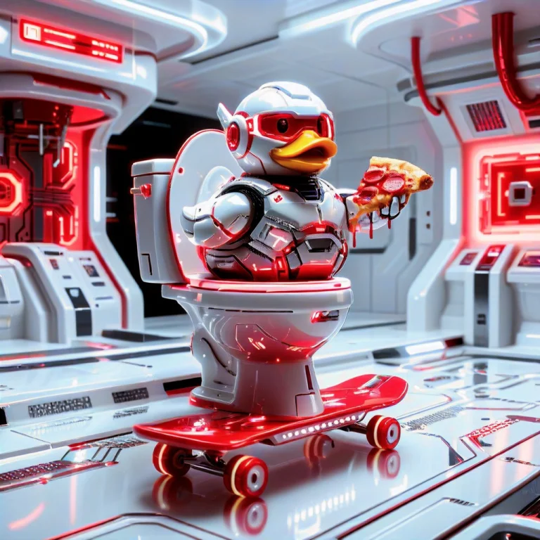 A Rubber Duck Wearing A Futurist Armor, Sitting, Over A Toil...