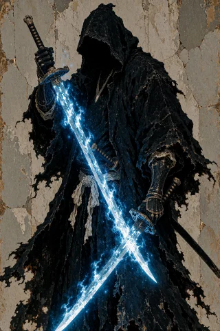 A Mysterious, Hooded Figure Holding A Large Glowing Sword. T... — Stable Diffusion AI Prompt: a mysterious, hooded figure holding a large glowing sword. The style is dark and...