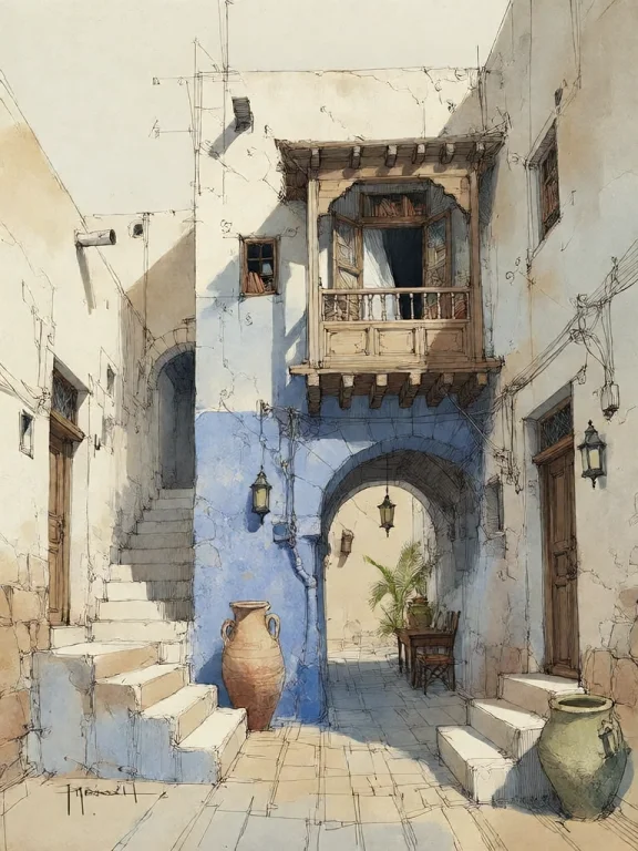 Bradhamel Art Style. A Serene, Sunlit Alleyway In A Traditio...