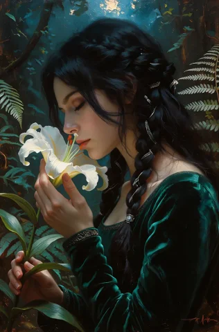 Raven-haired Woman In Profile Smelling A Large White Lily, S... — Stable Diffusion AI Prompt: raven-haired woman in profile smelling a large white lily, serene expression wit...