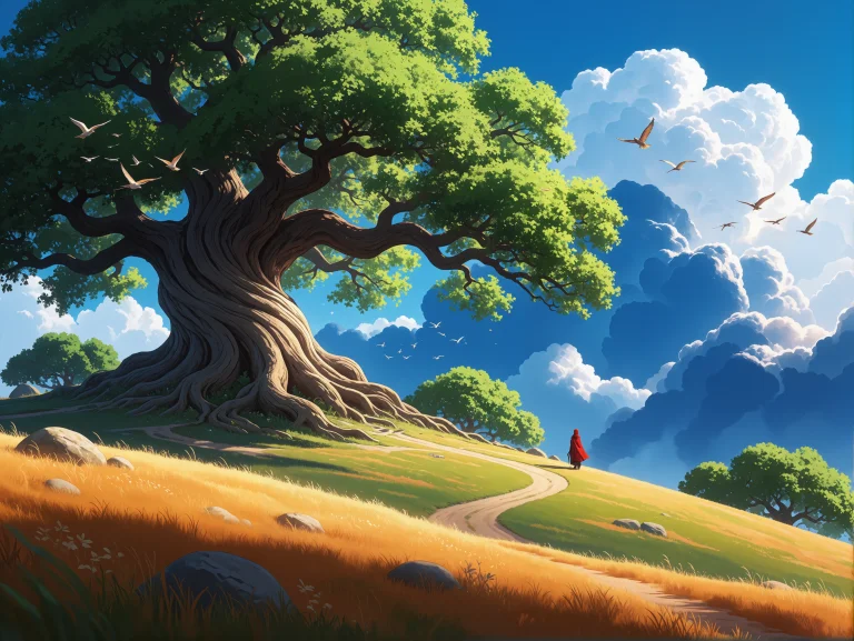 A Cinematic Digital Art Wide Shot Of A Massive Tree Crowning...