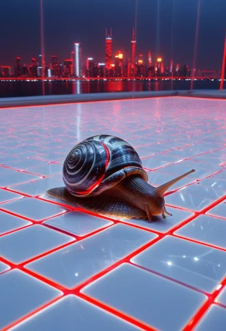 8k, Raw Digital Photo, A Giant Snail Crawling Across An Endl... — SDXL AI Prompt: 8k, Raw digital photo, a giant snail crawling across an endless glowing grid, gl...