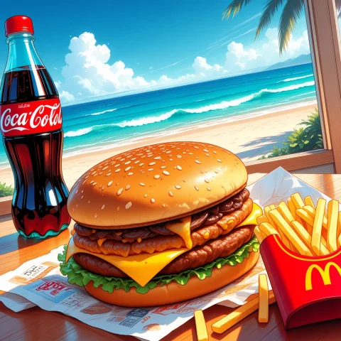 Mcdonald Hamburguer, Fries, Coca-cola Bottle On Desk, Beach,... — Stable Diffusion AI Prompt: McDonald hamburguer, fries, Coca-Cola bottle on desk, beach, outside, by day, du...