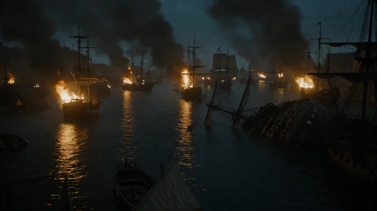 Gmthrnsssn6, A Chaotic Naval Battle Rages Across A Harbor, W...