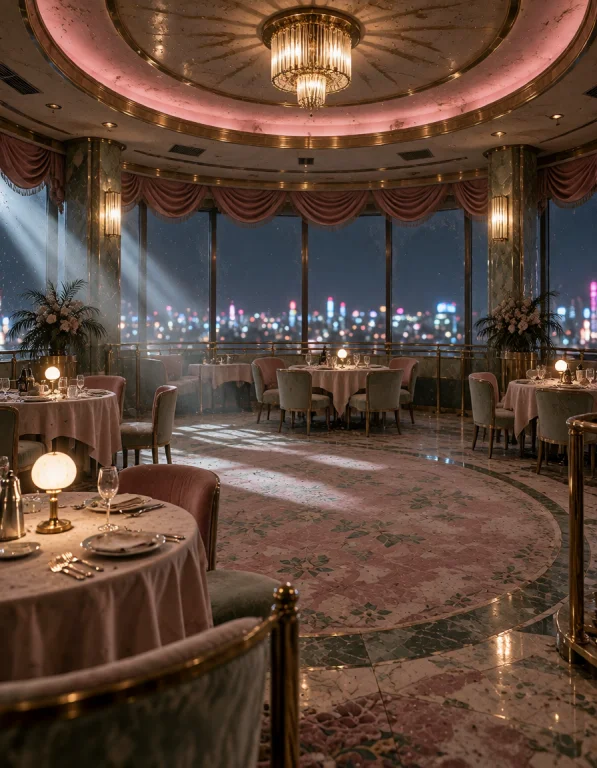 Aband0ned Bubl3 H0t3l, Photorealistic, Revolving Restaurant,...