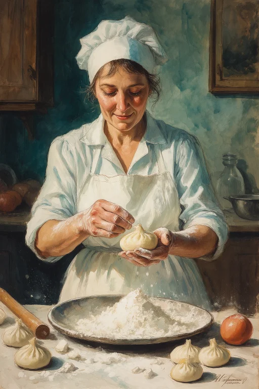 In The Style Of Vladimir Zarubin, A Woman Covered In White F...