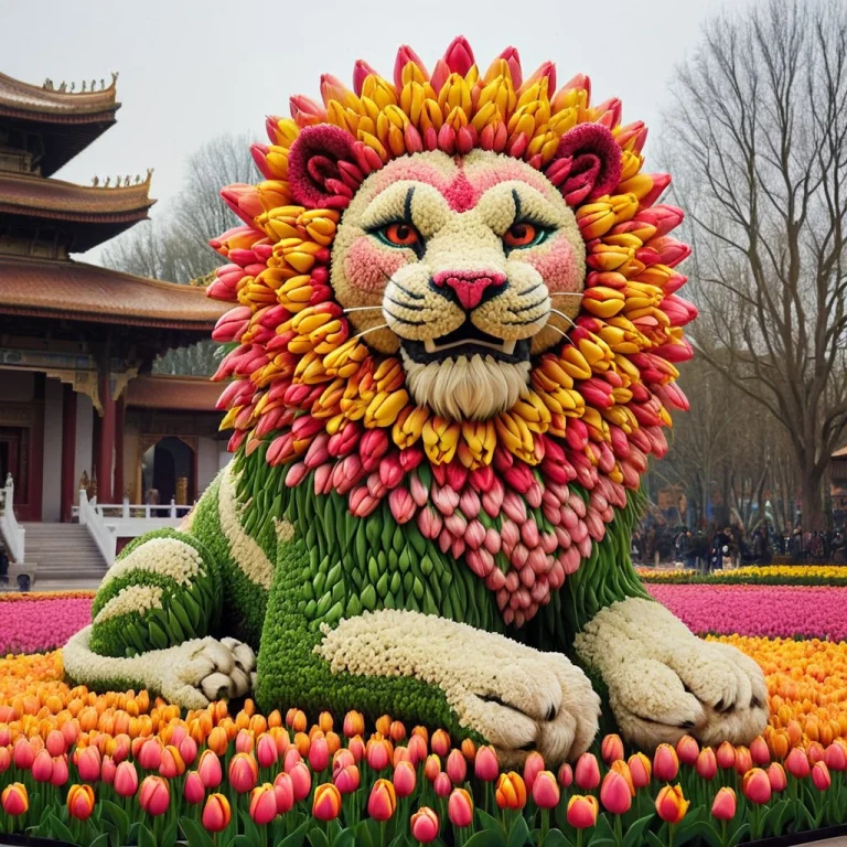 Jaynl-tm, Made Of Tulips A Sculpture Of Lion Made Of Tulips,...
