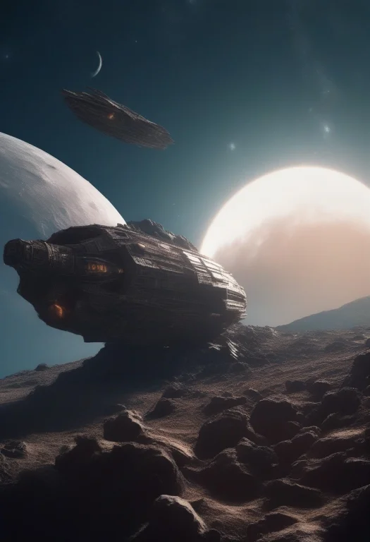 High Quality, Detailed, A Derelict Starship Drifting Through...
