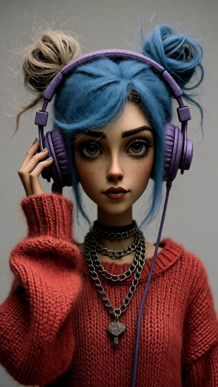 A Blue-haired Woman With Two Buns In A Red Knit Sweater, Pur...