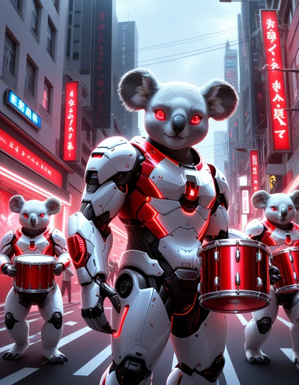 Koalas In A Marching Band, With Drums, On A City Street Made...