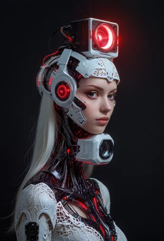 Whiteember. Sleek Glossy ,white Red Glow ,tech. A Woman Wi... — SDXL AI Prompt: WhiteEmber. sleek & glossy ,white & red glow ,tech. "a woman with a head made of...