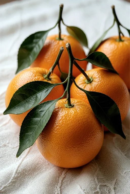 A Cluster Of Ripe Oranges With Dark Green Leaves And Stems,...