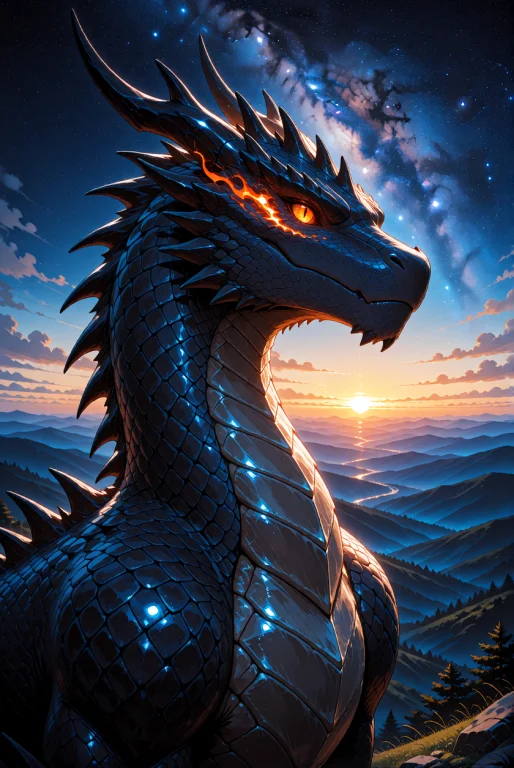 A Majestic Dragon With Dark Blue Iridescent Scales, Appearin...