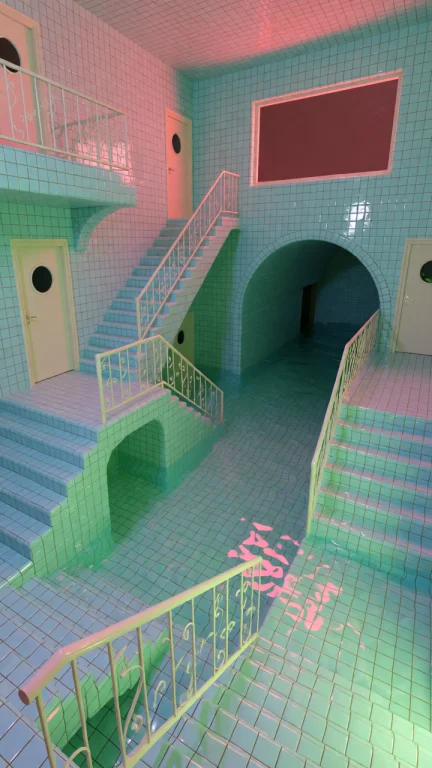 Dcl1m1nal. Wide-angle Eye-level View Inside A Surreal Floode...