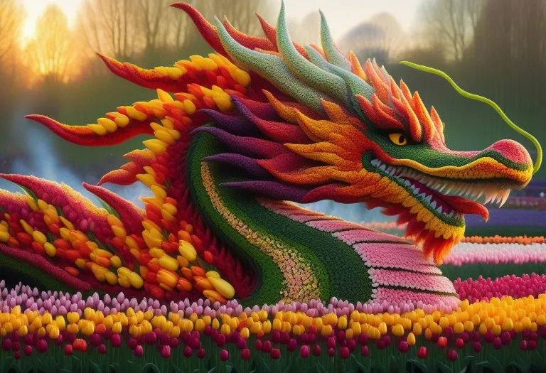 A Fire Breathing Dragon Made Of Tulips Exhaling A Torrent Of...