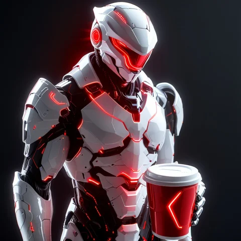 Futuristic Knight With High-tech Coffee Cup, Glossy White Te... — SDXL AI Prompt: futuristic knight with high-tech coffee cup, glossy white technology with glowin...