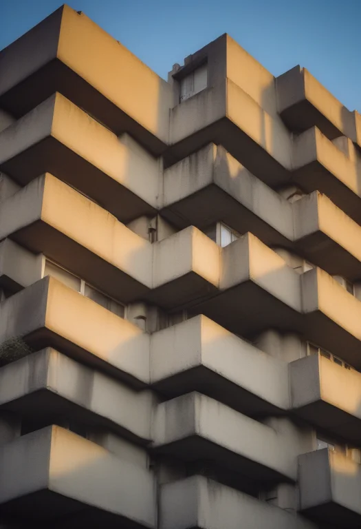 A Brutalist Concrete Housing Block At Dusk, Raw Photo, Harsh...