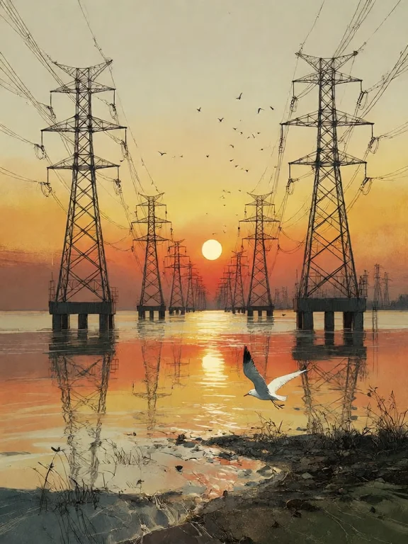 Bradhamel Art Style. A Serene Sunset Over A Calm Body Of Wat...