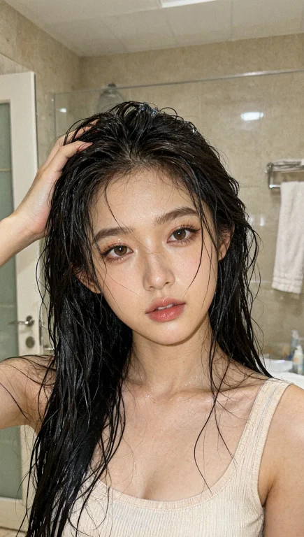韩系不完美美女，ccd彩色柔焦，刚洗完头姿态，居家浴室门口，湿...