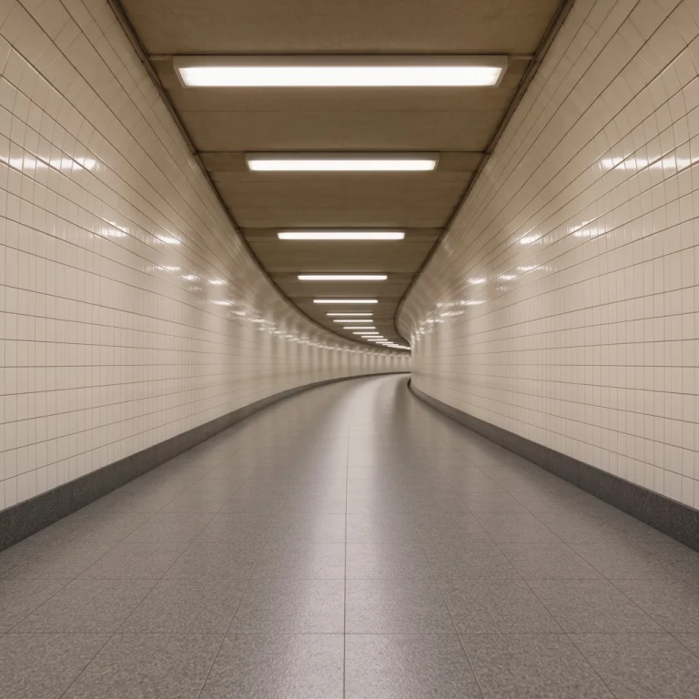 Photograph Of A Long, Empty, Curved Subway Tunnel With White...