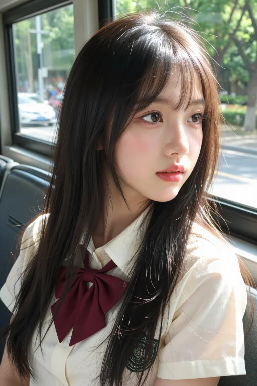高清写实日常自拍人像,一位非常美丽的东亚女孩,柔顺黑长直发,...