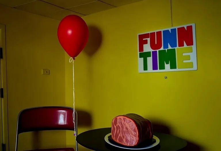 A Yellow Room With A Red Party Balloon Attached To A Chair W...