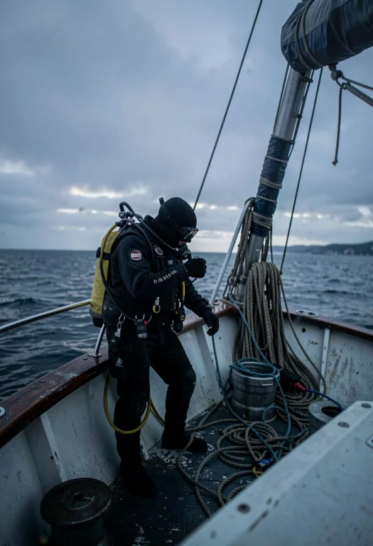 A Diver Adjusting Gear On A Rocking Boat, Cold Moonlit Tones...