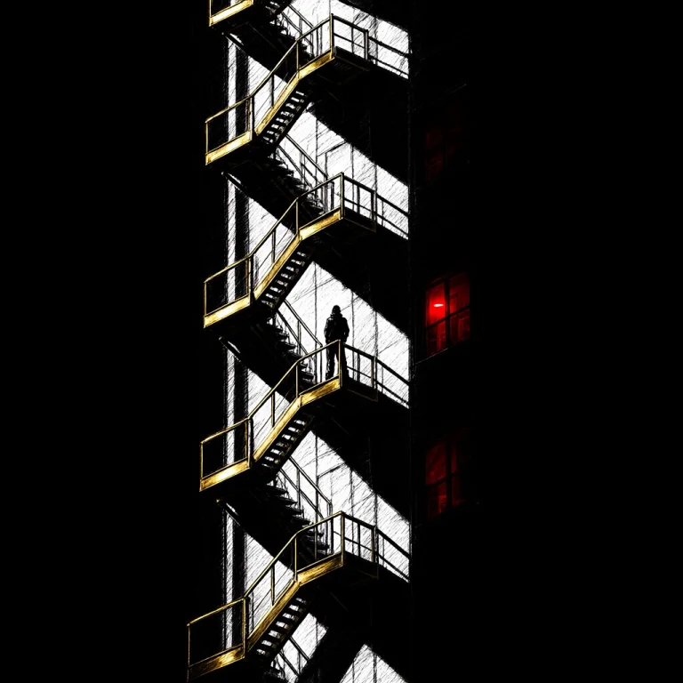 Urban Fire Escape Attached To Tall Building, Figure Standing...