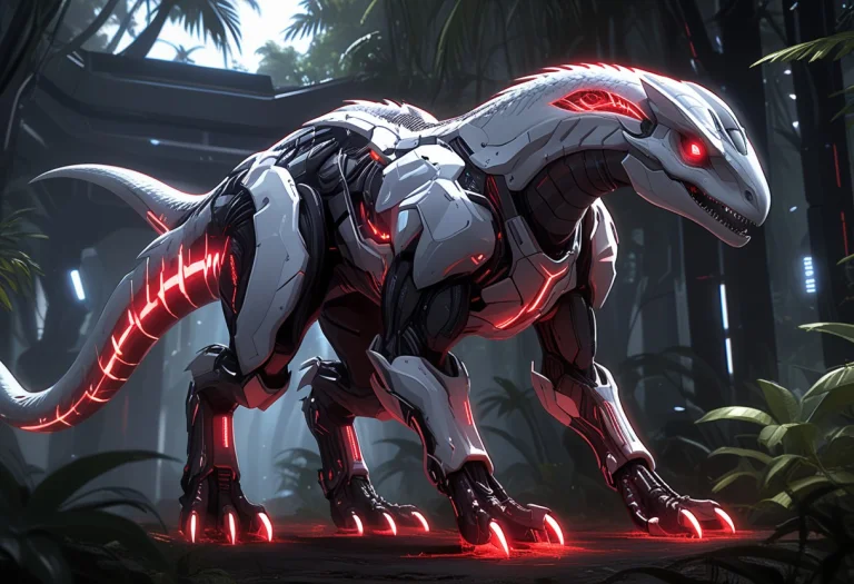 A Futuristic Velociraptor1.35 Made Of Glossy White And Red G...
