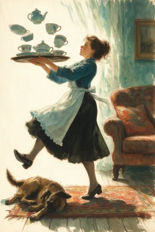 Vladimir Zarubin Style Gouache Illustration, A Woman Balanci... — Stable Diffusion AI Prompt: Vladimir Zarubin style gouache illustration, a woman balancing a tray of tea cup...