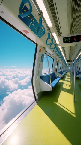 Dcl1m1nal. Wide One-point Perspective Shot From Inside A Mod... — Stable Diffusion AI Prompt: DCL1M1NAL. Wide one-point perspective shot from inside a modern train car with b...