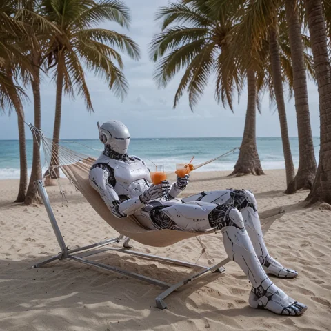 Whiteember, Cool Robot,louging On A Hammock, Bach, Sipping A... — SDXL AI Prompt: WhiteEmber, cool robot,louging on a hammock, bach, sipping a smoothie, beach, oc...