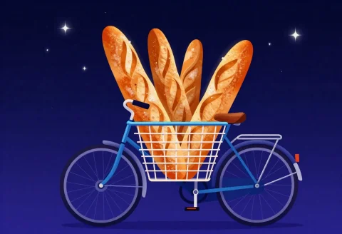A Bicycle Basket Full Of Fresh Baguettes, Fantasy Illustrati... — Stable Diffusion AI Prompt: a bicycle basket full of fresh baguettes, fantasy illustration, neon lighting, s...