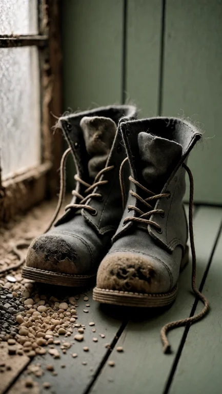 A Pair Of Worn Grey-brown Boots Standing Side By Side With T...