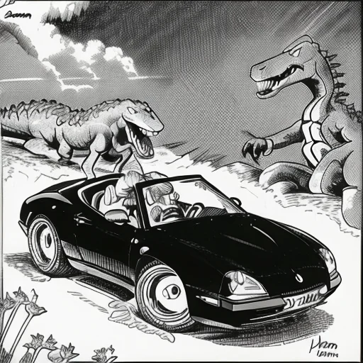 A Cartoon About A Dinosaur Driving A Car, Lorathefarside1, B...