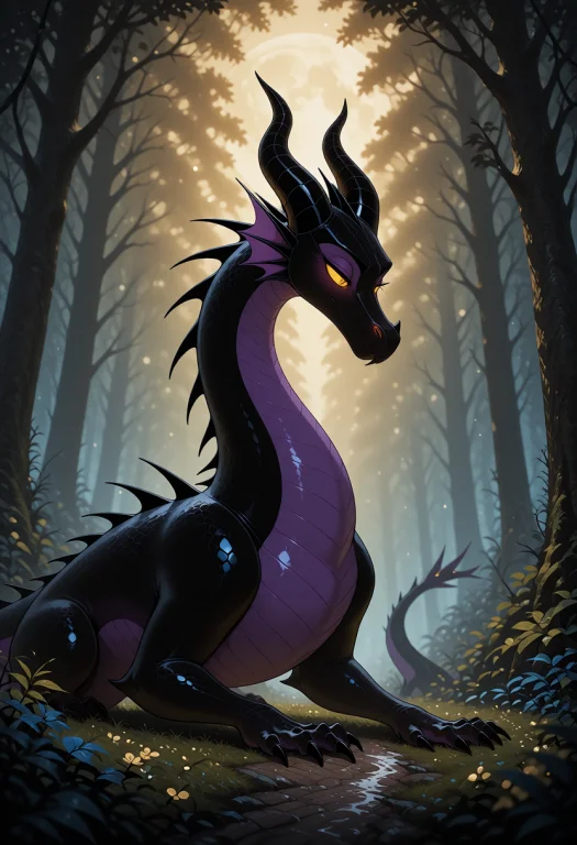 1girl, Solo, No Humans, Maleficent Dragon, Dragon, A Moonlit...