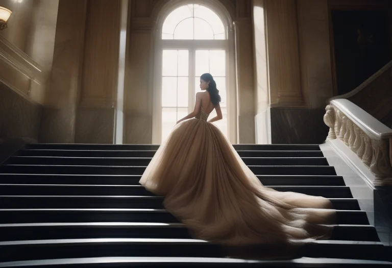 A Ballgown Descending A Grand Marble Staircase, Cinematic Li...