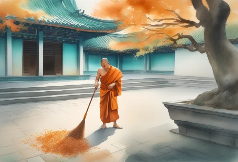 A Monk Sweeping Leaves In A Temple Courtyard, Watercolor Pai...