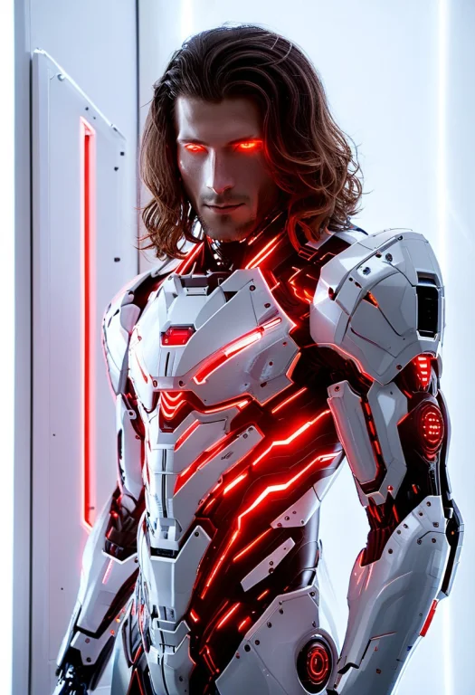 Whiteember, Man, Metallic White Panels, Glowing Red Accents,...